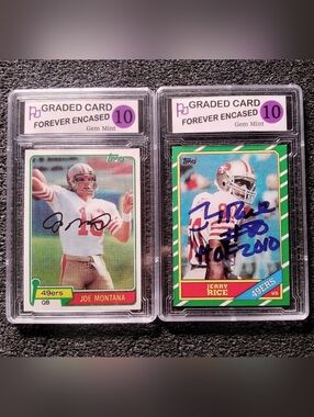 Joe Montana, Jerry Rice 49ers HOF Autograph Football Rookie Card Set. Graded 10